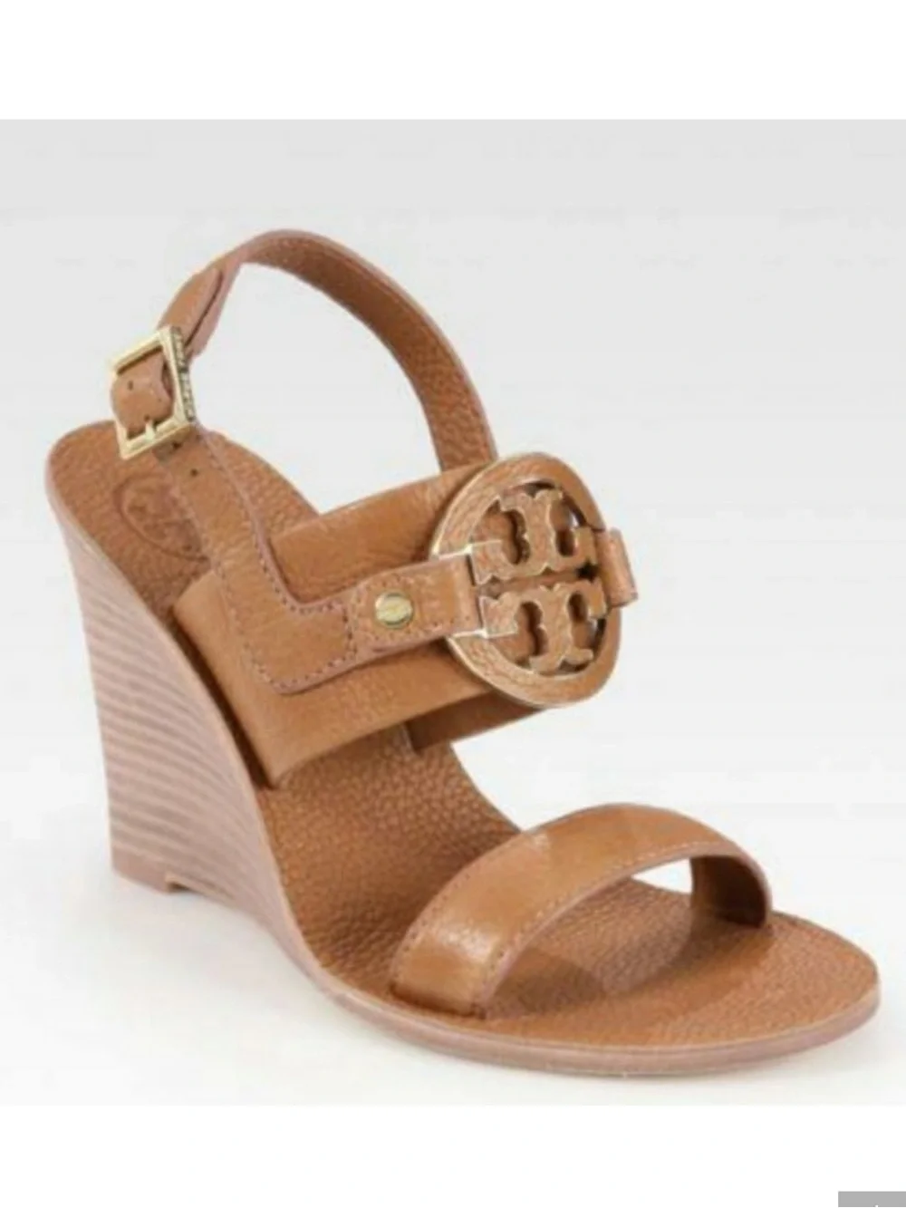 Tory Burch Amanda wedge women size 8 Tan Leather Wedge Sandals with Logo Emblem